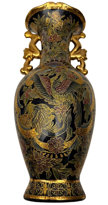 ÜZERİ ALTIN EL BOYAMA CENNET KUŞLARI KABARTMA MİNE İŞÇİLİKLİ KOBALT MAVİSİ PORSELEN VAZO