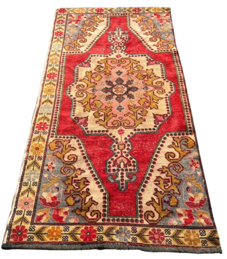 1950 AVANOZ EL DOKUMA  KÖK BOYA YÜN KİLİM CANLI RENKLER KENAR KISMI KESİLMİŞ 