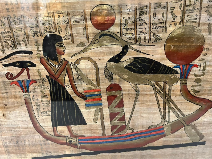 MISIR PAPİRÜS SANATINDAN EL YAPIMI KAĞIT EL CİZİM VE  BOYAMA ALİMÜNYUM METAL CERCEVESİNDE