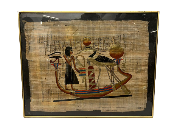 MISIR PAPİRÜS SANATINDAN EL YAPIMI KAĞIT EL CİZİM VE  BOYAMA ALİMÜNYUM METAL CERCEVESİNDE