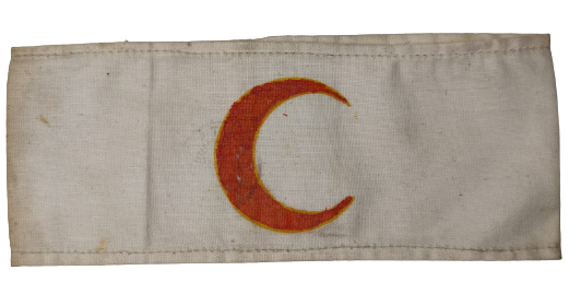 OSMANLI HİLAL I AHMER İLK YARDIM KOLU KOLLUK SAHRA HASTANE GÖREVLİSİ KUMAŞ ÜZERİ KIRMIZI HİLAL KOL BANTI VE ÜZERİ MÜHÜR  DAMGALI