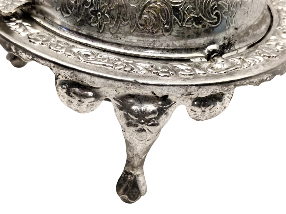 1950 İNGİLİZ VİKTORYA DÖNEMİ METAL GÜMÜŞ KAPLAMA AYAKLI ACILIR KAPANIR KAPAKLI TERAYAG HAVYAR KABI