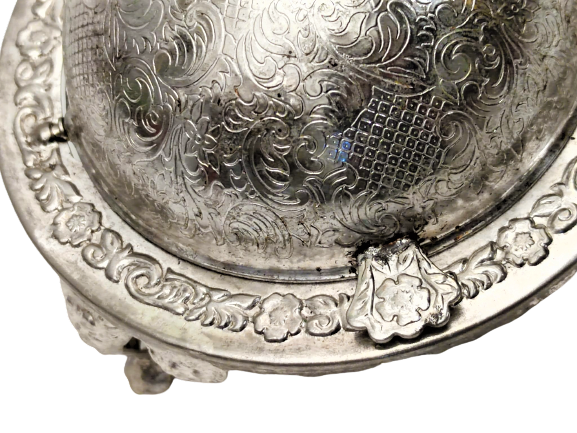 1950 İNGİLİZ VİKTORYA DÖNEMİ METAL GÜMÜŞ KAPLAMA AYAKLI ACILIR KAPANIR KAPAKLI TERAYAG HAVYAR KABI