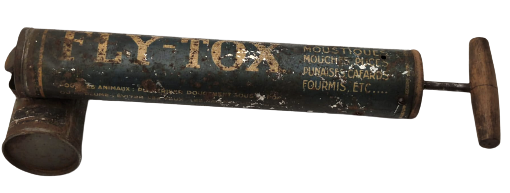 1950 FLY TOX BÖCEK İLAC FİRMASININ İLAC ALANLARA VERDİGİ TENEKE HAZNELİ MARKALI MEKANİK FİLİT POMPASI KOLEKSİYON