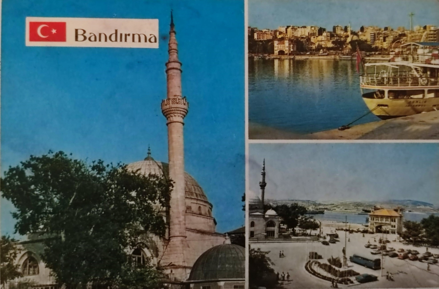 1970 BANDIRMA HAYDAR CAVUŞ CAMİİ UMUMİ GÖRÜNÜM CUMHURİYET MEYDANI PARCALI KARTPOSTAL 
