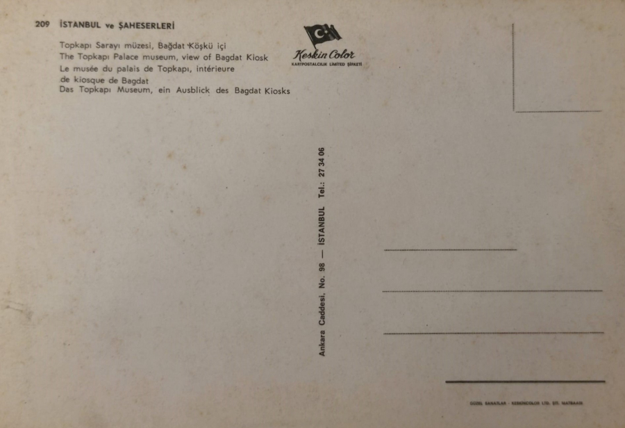 1970 İSTANBUL TOPKAPI SARAYI BAGDAT KÖŞKÜ KARTPOSTAL RENKLİ OFSET BASKI 