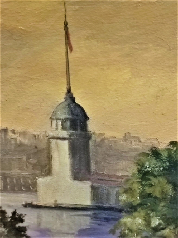 RECEP KAPLAN İMZALI VARAK CERCEVESİNDE KIZ KÜLESİ TUAL ÜZERİNE YAGLI BOYA TABLO