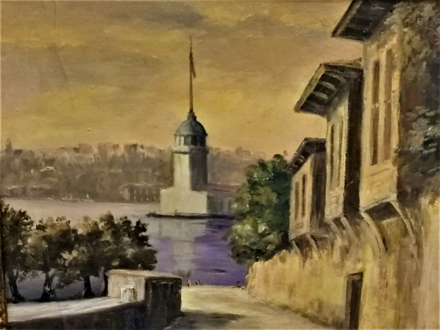 RECEP KAPLAN İMZALI VARAK CERCEVESİNDE KIZ KÜLESİ TUAL ÜZERİNE YAGLI BOYA TABLO