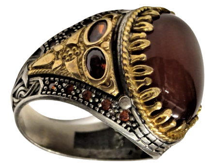 1980 AKİK TAŞLI VE KENARLAR DOGAL TAŞLA BEZELİ UST VE YANLAR ALTIN KAPLAMA GECME TAMAMI USTA DAMGALI EL YAPIM YÜZÜK