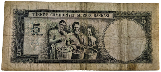 BEŞ TÜRK LİRASI 5. EMİSYON 4. TERTİP H 21  422754 SERİ NUMARALI FINDIK TOPLAYAN KÖYLÜ KIZLARI 5 LİRA KAĞIT PARA 