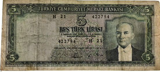 BEŞ TÜRK LİRASI 5. EMİSYON 4. TERTİP H 21  422754 SERİ NUMARALI FINDIK TOPLAYAN KÖYLÜ KIZLARI 5 LİRA KAĞIT PARA 