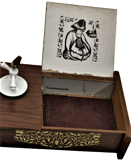 1960 KONYA MEVLANA DÖNEN SEMAZEN MEVLANA PEŞREVİ CALAN LATERNALI  AHŞAP KAPAKLI SIGARALIK 