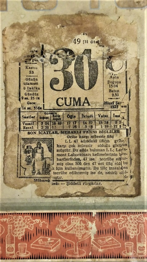 1940 İNHİSARLAR KARTON TAKVİMİ BELEDİYEYE RUSUM BEDELİ 10 PARA İLAN PARASI ÖDENDİGİ PULLU