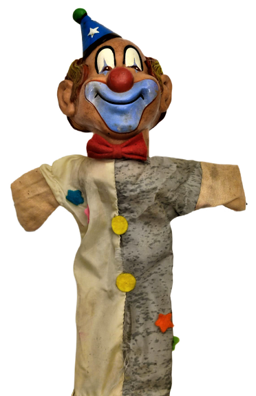 1950 GERMANY PARMAK KUKLA ELBİSELİ VE YUZ KISMI KAUCUK OYUNCAK PALYACO KUKLA