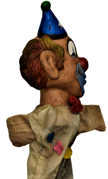 1950 GERMANY PARMAK KUKLA ELBİSELİ VE YUZ KISMI KAUCUK OYUNCAK PALYACO KUKLA