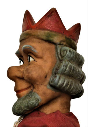 1950 GERMANY PARMAK KUKLA ELBİSELİ VE YUZ KISMI KAUCUK OYUNCAK TACLI KIRAL KUKLA