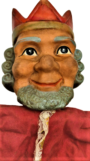 1950 GERMANY PARMAK KUKLA ELBİSELİ VE YUZ KISMI KAUCUK OYUNCAK TACLI KIRAL KUKLA