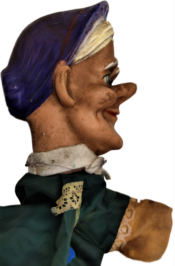 1950 GERMANY PARMAK KUKLA ELBİSELİ VE YUZ KISMI KAUCUK OYUNCAK YAŞLI MUREBBİYE KADIN KUKLA