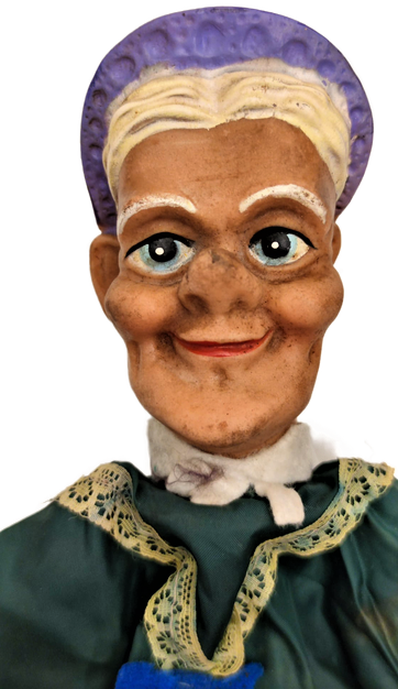 1950 GERMANY PARMAK KUKLA ELBİSELİ VE YUZ KISMI KAUCUK OYUNCAK YAŞLI MUREBBİYE KADIN KUKLA