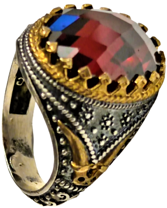 1980 ÖZEL TASARIM USTA EL İŞİ GÜMÜŞ NAR KIRMIZI KÖŞELİ KESME DOGAL TAŞ ALTIN KAPLAMA PARCALAR MIHLAMALI YÜZÜK