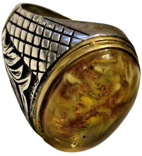 1960 GÜMÜŞ VE BALTIK HARELİ KEHRİBAR PİRİNC CERVEYE OTURTMA USTA İŞCİLİKLİ ÖZEL TASARIM GÜMÜŞ EL YAPIM YÜZÜK