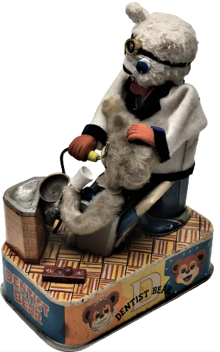 1950'S DENTIST BEAR BATTERY OPERATED TIN TOY  S&E JAPAN WORKS GREAT DİŞCİ DOKTOR AYI PİLLİ TENEKE OYUNCAK