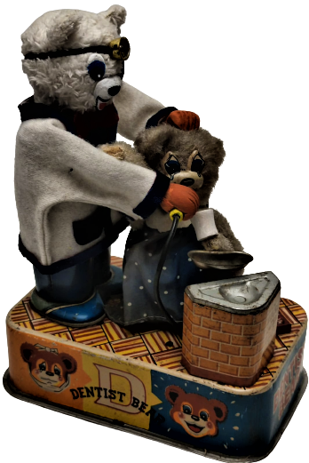 1950'S DENTIST BEAR BATTERY OPERATED TIN TOY  S&E JAPAN WORKS GREAT DİŞCİ DOKTOR AYI PİLLİ TENEKE OYUNCAK