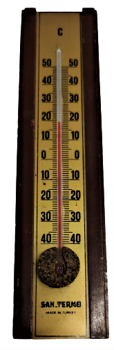 1960  MASİF AHŞAP ÜZERİ LOGO VE REKLAMLI  ÜZERİNDE CAM ÇUBUK İÇİ  KIRMIZI CIVALI HAVA SICAKLIK SOGUKLUK OLCER