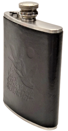 CEPDE TAŞINABİLİR MATARA ÜZERİ AVCI TEMALI DERİ KAPLI KROM CELİK NİKEL STAINLESS STEEL 8 OZ ÇELİK CEP MATARASI