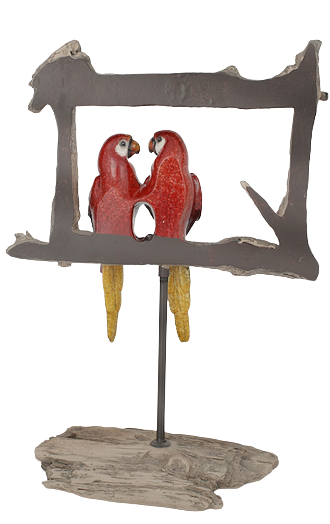 TÜNEKDE CİFT EŞ PAPAĞAN HEYKELİ ŞIKIŞTIRILMIŞ HEPOKSİ İLE YAPILMIŞ EL BOYAMA  ALT KAİDELİ KUŞ