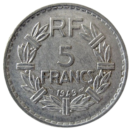 1949  RF 5 FRANCS REPVBLIQVE FRANCAISE  ALÜMİNYUM MADENİ PARA  PARİS DARPANESİ BASIMI 5 FRANK