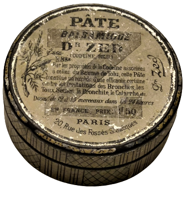 1950 ANTİQUES PATE BALSAMIGUE DR ZED CODOİNE TOLU KAPAKLI BOŞ TENEKE KUTU