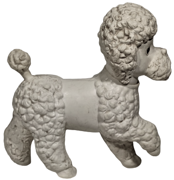 1950 YERLİ ŞİŞME KALIP BEYAZ PILASTİK OYUNCAK FİNO KÖPEK GÖZLER CAM KAFASI DÖNER VE  HAREKETLİ OYNAR CIKAR DÜDÜKLU