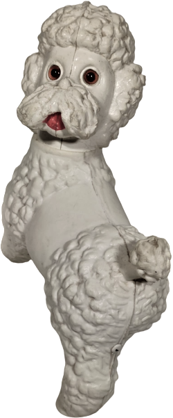 1950 YERLİ ŞİŞME KALIP BEYAZ PILASTİK OYUNCAK FİNO KÖPEK GÖZLER CAM KAFASI DÖNER VE  HAREKETLİ OYNAR CIKAR DÜDÜKLU