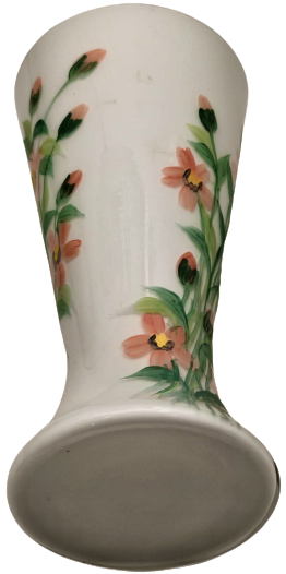 1960 FRANSIZ SÜT BEYAZ OPALİN ÜZERİNE EL İŞİ EL BOYOMA  CİCEK SÜSLEME  VAZO