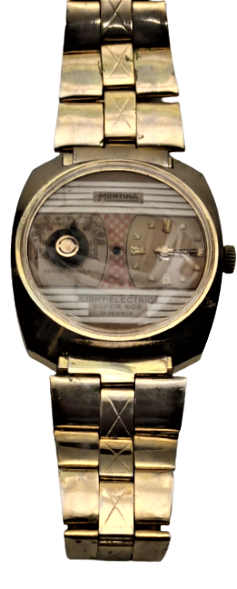 1970 MORTİMA LIGHT ELECTRIC SUPER 608 CLOAK KOL SAATİ KADRAN ORTADA LAMBA SOLDA DERECE SAGDA KURMALI MEKANİK KOLEKSİYON SAAT