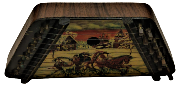 1960 GUSLİ ONİKİ TELLİ GERDİRME AYARLI MÜZİK ALETİ MİNYATUR ÜZERİ RESİMLİ COCUK OYUNCAGI 