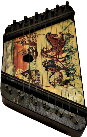 1960 GUSLİ ONİKİ TELLİ GERDİRME AYARLI MÜZİK ALETİ MİNYATUR ÜZERİ RESİMLİ COCUK OYUNCAGI 