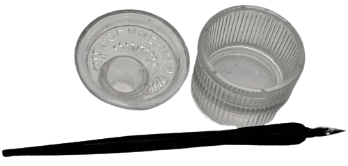 1920 SOENNECKEN DİVİT UCU REKLAMLI HOKKA CAM KAPAKLI SİLİNDİR FORMDA BİLLUR CAMDAN MÜREKKEP HOKKASI VE AHŞAP METAL UCLU DİVİT