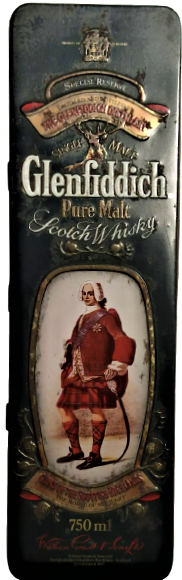 1950 GLENFİDDİCH PURE MALT  SCOTCH WHİSKY TENEKE KAPAKLI 750 ML ETRAFI RESİMLİ İÇERSİ BOŞ KUTU 