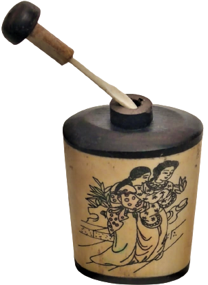 KEMİK VE TİK AGACINDAN EL İŞCİLİKLİ ÜZERİNE KİMONALI KADINLAR RESMEDİLMİŞ KAPAK CUBUKLU MİNYATÜR  PARFUM ŞİŞESİ 