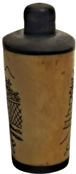 KEMİK VE TİK AGACINDAN EL İŞCİLİKLİ ÜZERİNE KİMONALI KADINLAR RESMEDİLMİŞ KAPAK CUBUKLU MİNYATÜR  PARFUM ŞİŞESİ 