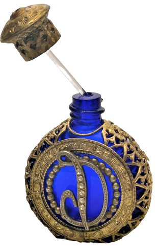 KOBALT MAVİ ÖZEL TASARIM  YANLAR DANTEL ÖN ARMALI MIHLAMA TAŞ İŞLEME ALTIN KAPLAMA CUBUKLU PARFUM ŞİŞESİ