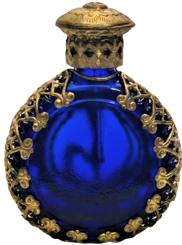 KOBALT MAVİ ÖZEL TASARIM  YANLAR DANTEL ÖN ARMALI MIHLAMA TAŞ İŞLEME ALTIN KAPLAMA CUBUKLU PARFUM ŞİŞESİ