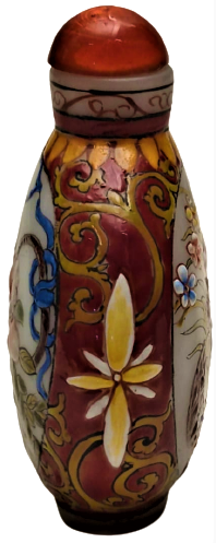  OPALİN ÜZERİ EL İŞLEME HER TARAFI  MİNELİ ÜZERİ  KOMPLE RESİM CERCEVEDE GÜL VAZODA GÜL TEMALI KAPAKLI PARFUM ŞİŞESİ