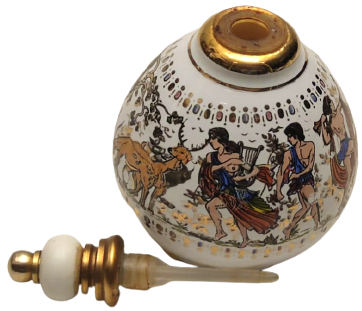 PORSELEN CUBUKLU KAPAK ÜZERİ EL CİZİM EGLENEN EROTİK ROMALILAR CİZİM  VE EL CEKME ALTIN İŞCİLİKLİ PARFÜM ŞİŞESİ