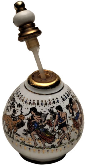 PORSELEN CUBUKLU KAPAK ÜZERİ EL CİZİM EGLENEN EROTİK ROMALILAR CİZİM  VE EL CEKME ALTIN İŞCİLİKLİ PARFÜM ŞİŞESİ