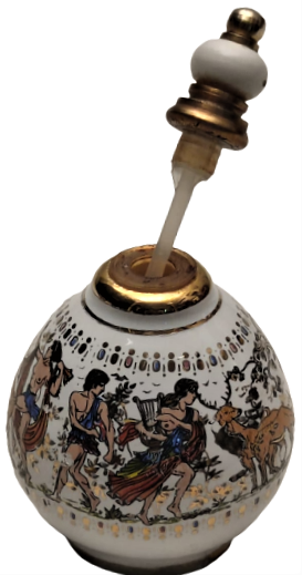 PORSELEN CUBUKLU KAPAK ÜZERİ EL CİZİM EGLENEN EROTİK ROMALILAR CİZİM  VE EL CEKME ALTIN İŞCİLİKLİ PARFÜM ŞİŞESİ