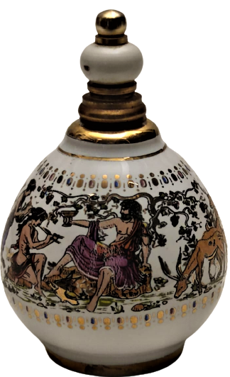 PORSELEN CUBUKLU KAPAK ÜZERİ EL CİZİM EGLENEN EROTİK ROMALILAR CİZİM  VE EL CEKME ALTIN İŞCİLİKLİ PARFÜM ŞİŞESİ