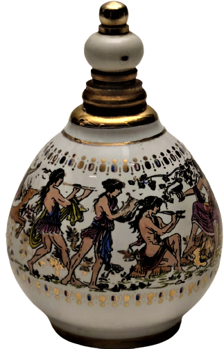 PORSELEN CUBUKLU KAPAK ÜZERİ EL CİZİM EGLENEN EROTİK ROMALILAR CİZİM  VE EL CEKME ALTIN İŞCİLİKLİ PARFÜM ŞİŞESİ